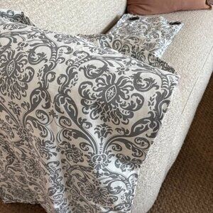 Custom 52W x 84L Grey and White UNLINED Room-darkening Drapes. Set of 2.